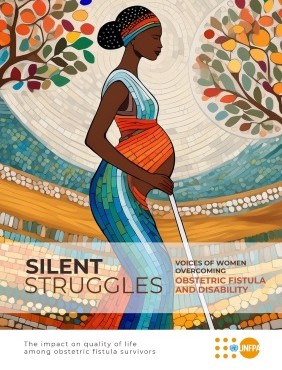 Publication front cover shows a tile pattern of a pregnant woman holding a walking stick