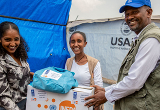 Dignity kit distribution by the Organization for Social Services, Health, and Development, UNFPA and UNDP, at Sabacare 4 camp.