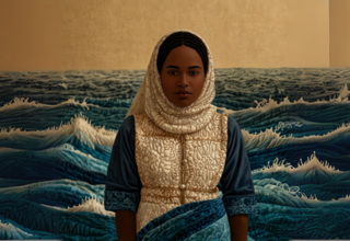 In a textile woven format a young woman looks at a camera with blue waves behind her. 