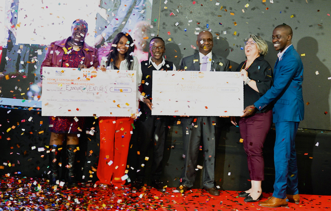 FGM Hacklab winners Mack Marangu of Enlightened Generation International, from Kenya, and Glory Mlagwa of Ennovate Ventures.