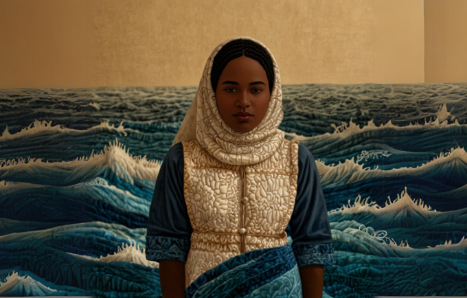 In a textile woven format a young woman looks at a camera with blue waves behind her. 