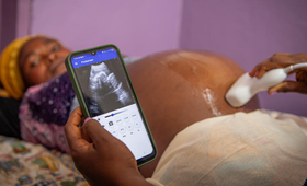 Anitha Bosco, 35, receives an ultrasound scan from UNFPA midwife Kavira Kamate at the Kanyaruchinya health centre in North Kivu.