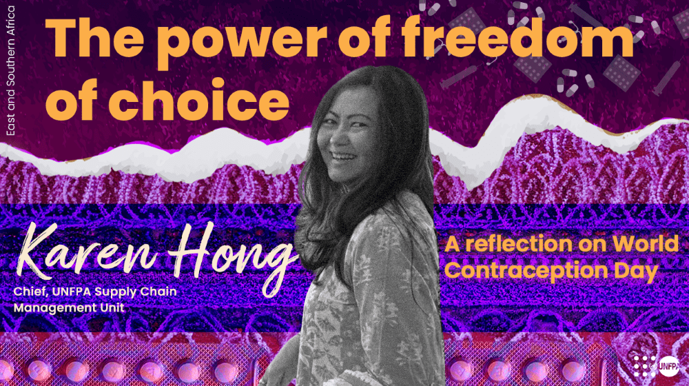 Karen Hong looks at the camera smiling, a text on top of her reads "the power of freedom of choice"