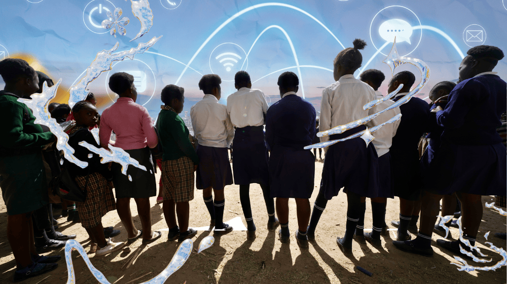 A group of girls joined together outside in a circle speaking to each other.