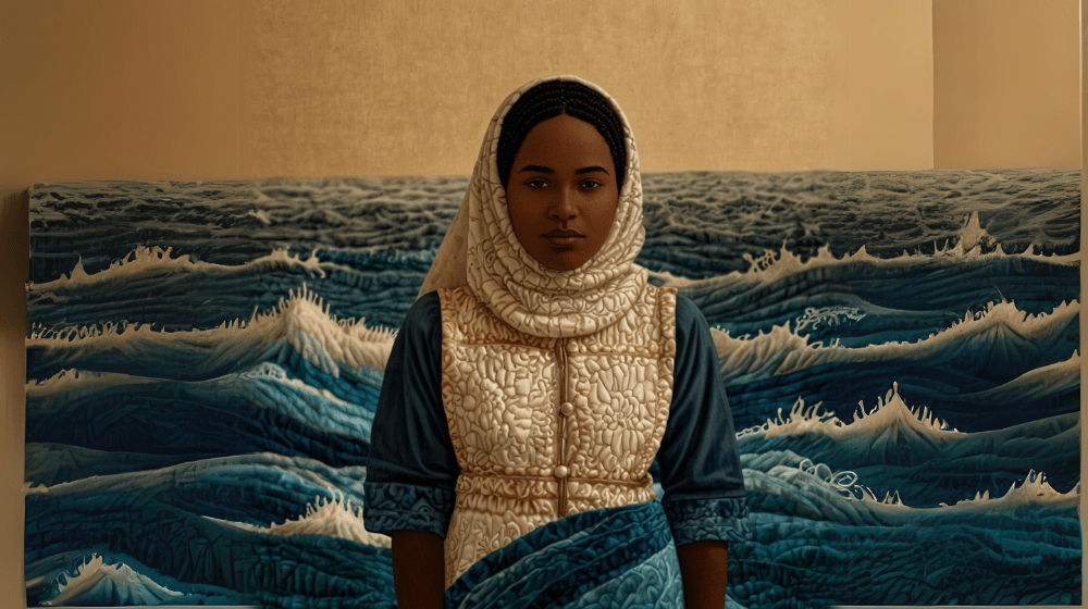 In a textile woven format a young woman looks at a camera with blue waves behind her. 