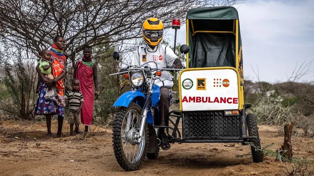 Motorcycle ambulance helps pregnant women in drought-stricken community to access life-saving maternal health care