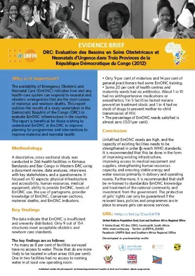 DRC: Evaluation des Besoins en Soins Obstetricaux et Neonatals d’Urgence dans Trois Provinces de la République Démocratique du Congo (2012)