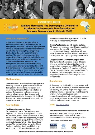 Malawi: Harnessing the Demographic Dividend to Accelerate Socio-economic Transformation and Economic Development in Malawi (2016)