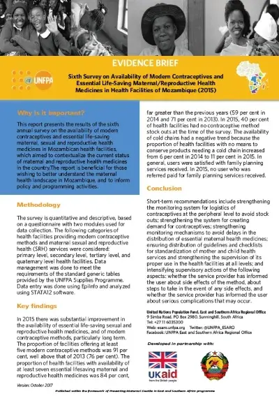 Sixth Survey on Availability of Modern Contraceptives and Essential Life-Saving Maternal/Reproductive Health Medicines in Health Facilities of Mozambique