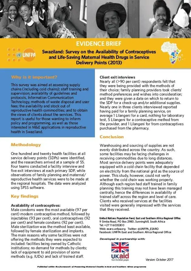 Swaziland: Survey on the Availability of Contraceptives and Life-Saving Maternal Health Drugs in Service Delivery Points