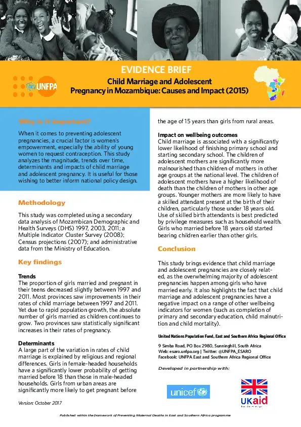 Child Marriage and Adolescent Pregnancy in Mozambique: Causes and Impact